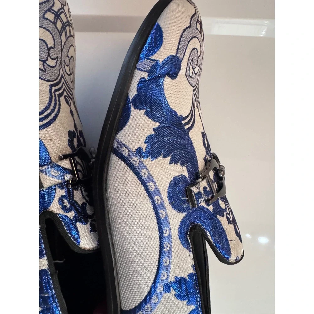 Successo Uomo by Puita Mens Blue White Jacquard Damask Bit Loafers Dress Shoes
